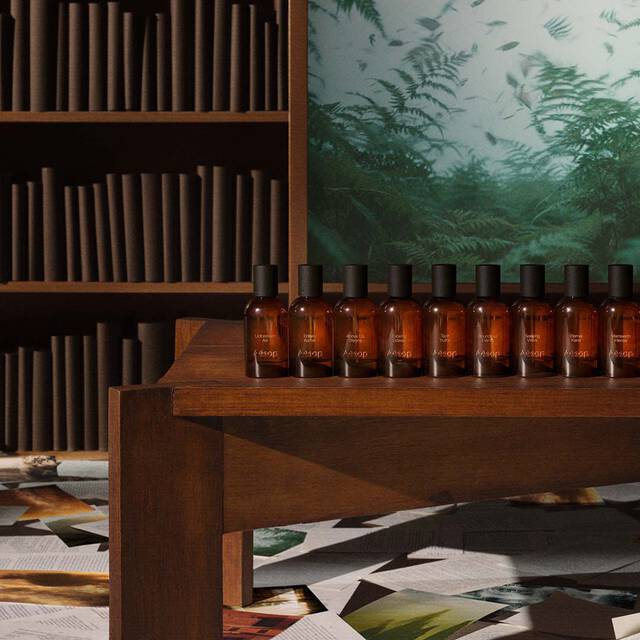 Eine Reihe von Aesop-Parfumflaschchen aus bernsteinfarbenem Glas auf einem Holzregal vor einer Bibliothek und einem grunen Kunstwerk.