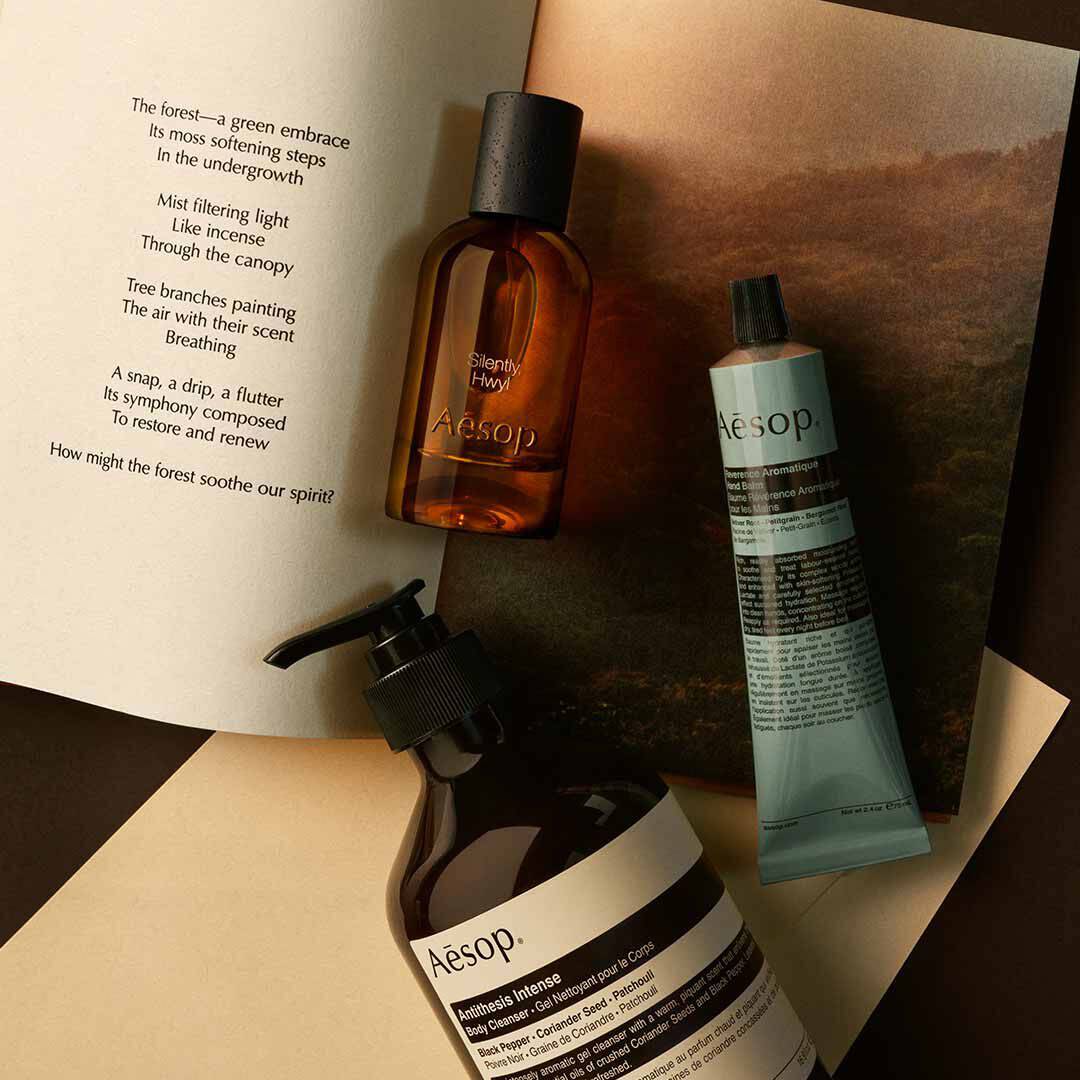 Aesop Silently Hwyl Flakon mit Pumpspender und blauem Schlauch, arrangiert auf Papieren mit einem Landschaftsbild.