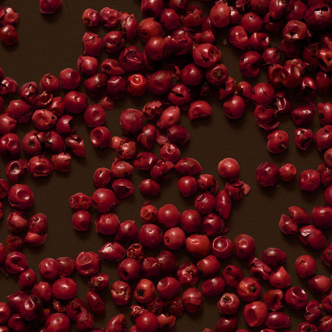 Close-up of red berries scattered across a dark brown surface.